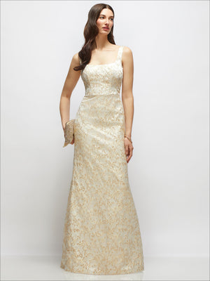 Champagne floral brocade maxi dress with square neckline and trumpet skirt, sleeveless
