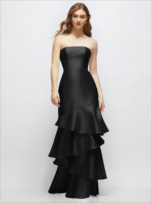 Black strapless bodycon maxi dress with tiered ruffle skirt and fitted waist