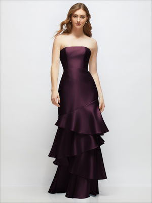 Plum-purple strapless bodycon maxi dress with tiered ruffle skirt