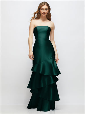 Deep teal strapless bodycon maxi dress with tiered ruffle skirt
