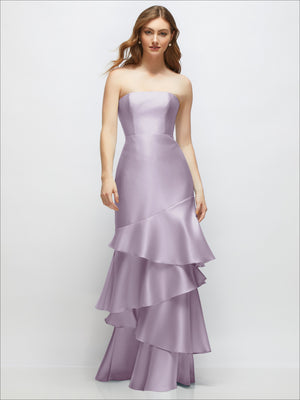 Light lilac strapless bodycon maxi dress with tiered ruffle skirt