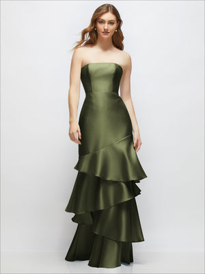 Olive gold strapless bodycon maxi dress with tiered ruffle skirt