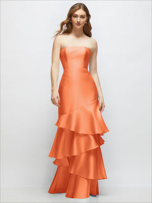 Strapless bodycon maxi dress in coral orange with tiered ruffle skirt and fitted bodice