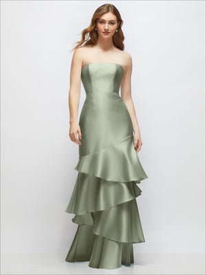 Strapless bodycon maxi dress in sage green with tiered ruffle skirt, front view