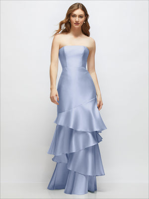 Strapless bodycon maxi dress in light periwinkle blue with tiered ruffle skirt