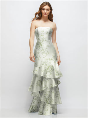 Strapless bodycon maxi dress in sage green floral print with tiered ruffle skirt, front view