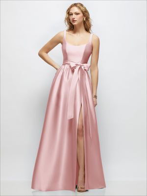 Ballet pink scoop-neck tank maxi dress with full skirt, waist tie, and front slit