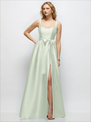 Mint green scoop-neck tank maxi dress with full skirt, waist tie, and front slit