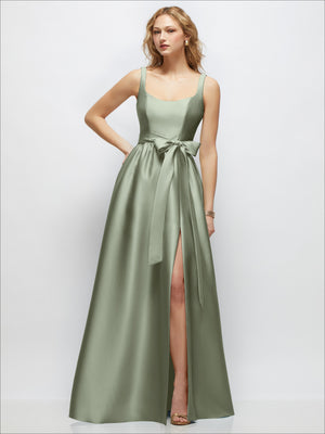 Scoop-neck sleeveless maxi dress in sage green with waist tie and front slit full skirt