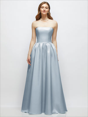 Light blue strapless satin drop-waist gown with full gathered skirt, front view