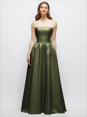 Strapless satin drop waist gown in olive green with full A-line skirt, front view