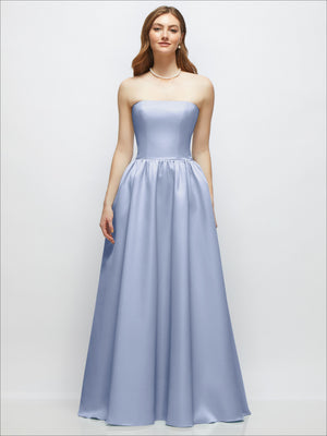 Powder blue satin strapless drop-waist gown with gathered waist and full A-line skirt.
