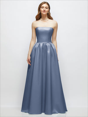 Slate blue strapless satin drop-waist gown with full gathered skirt, front