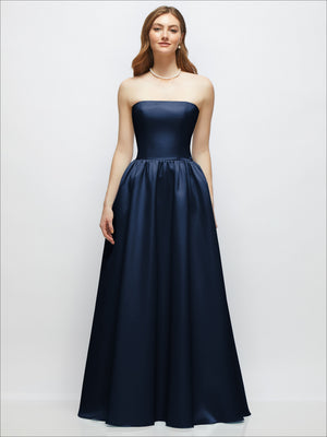 Midnight blue strapless satin drop-waist gown with gathered full skirt