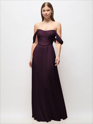 Off-shoulder chiffon maxi dress with corset bodice and draped sleeves, deep burgundy.