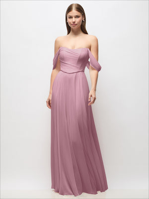 Dusty rose off-shoulder chiffon maxi dress with corset bodice and soft pleated skirt