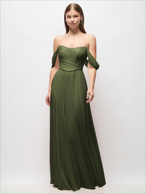 Off-shoulder basque corset chiffon maxi dress, olive green with draped off-shoulder sleeves