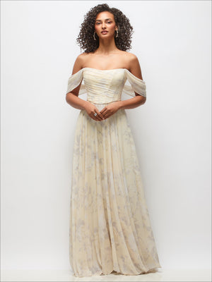 Off-shoulder chiffon maxi dress with basque corset bodice, pale floral print