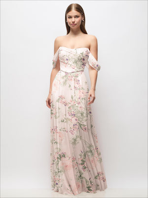 Off-shoulder chiffon maxi dress with basque corset bodice, blush floral print