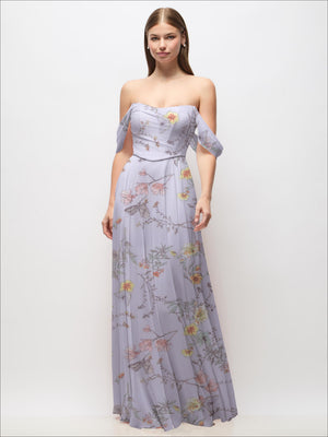 Periwinkle floral off-the-shoulder maxi dress with corset bodice and chiffon drape