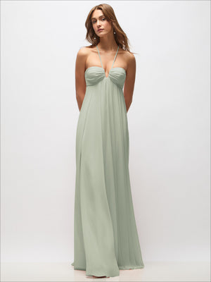 Sage green chiffon halter maxi dress with spaghetti straps and empire-waist ruching
