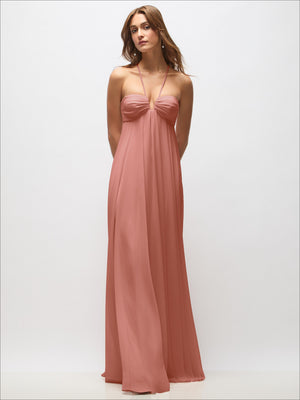 Blush chiffon maxi dress with halter neck tie and empire waist seams