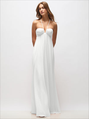 White empire-waist chiffon maxi dress with spaghetti straps and draped sweetheart bodice