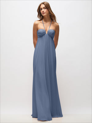 Dusty blue chiffon halter maxi dress with ruched bust and convertible spaghetti straps