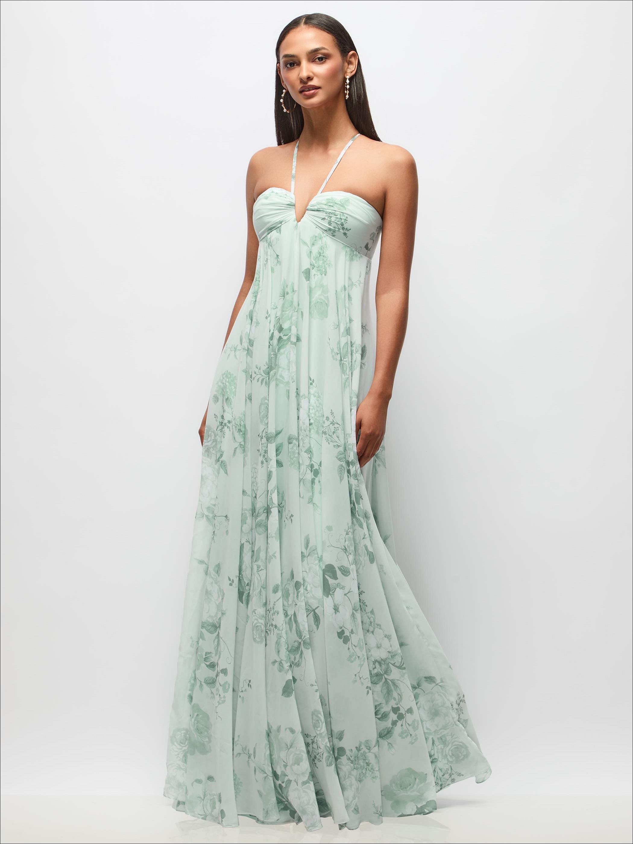 Empire Waist Floral Chiffon Halter Maxi Dress with Convertible Spaghet