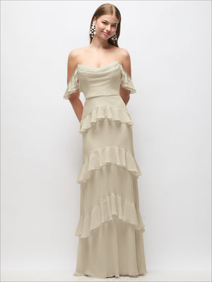 Off-the-shoulder cowl tiered ruffle maxi dress in champagne with ruffled strap details
