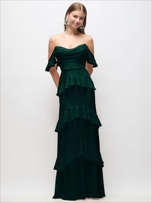 Deep green off-the-shoulder cowl maxi dress with tiered ruffle hem and draped sleeves