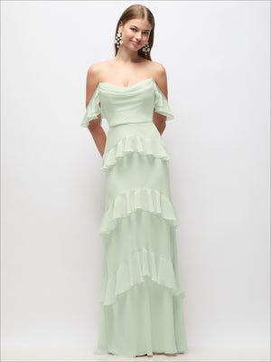 Sage green off-the-shoulder cowl maxi dress with tiered ruffle hem and draped flutter sleeves