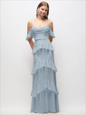 Light blue off-shoulder cowl maxi dress featuring tiered ruffle layers down the skirt