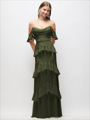 Olive green off-the-shoulder cowl maxi dress with tiered ruffle skirt and flutter sleeves