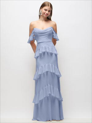 Off-the-shoulder cowl chiffon maxi dress in powder blue with tiered ruffle skirt