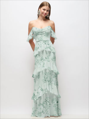 Mint green off-shoulder cowl maxi dress with tiered ruffle skirt and ruffled sleeves
