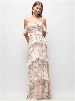 Blush pink floral off-shoulder maxi dress with layered tiered ruffles and flutter sleeves