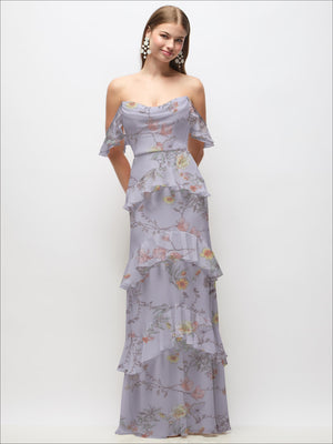 Periwinkle off-shoulder cowl chiffon maxi dress with tiered ruffle floral print