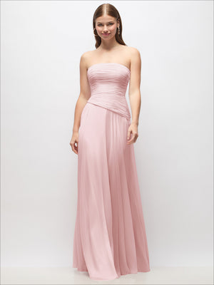 Blush pink strapless chiffon maxi dress with ruched bodice and diagonal draped waist detail.