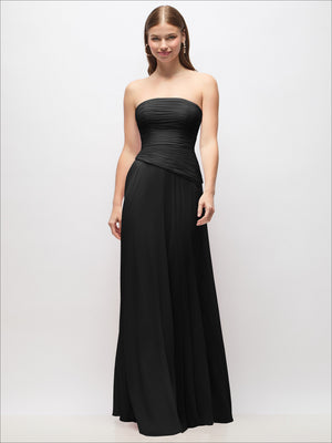 Strapless chiffon maxi dress in black, ruched bust and asymmetrical drop-waist drape