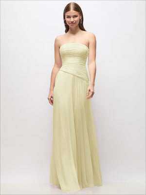 Light yellow strapless chiffon maxi dress with ruched bodice and draped waist detail.