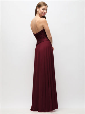 Strapless chiffon maxi dress in burgundy with ruched bodice and gathered waist