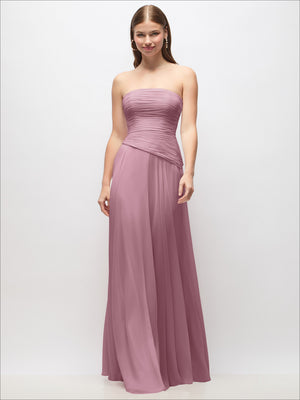 Strapless chiffon maxi dress in dusty mauve with ruched bodice and asymmetrical drop waist
