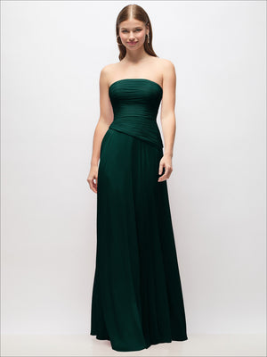 Strapless chiffon maxi dress in dark green, strapless ruched bodice and flowing skirt