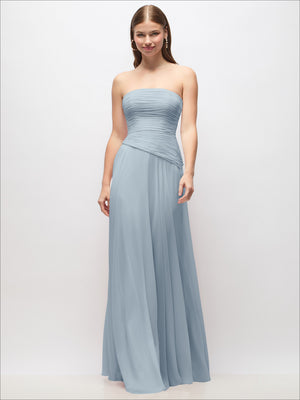 Light blue chiffon maxi dress, strapless ruched sweetheart bodice with asymmetrical drop waist