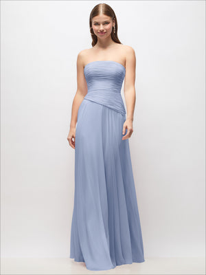 Light blue chiffon maxi dress, strapless sweetheart neckline, ruched bodice and drop waist