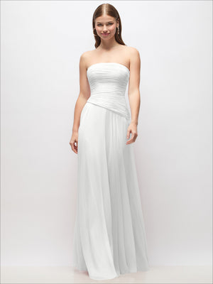 White strapless chiffon maxi dress with ruched bust and draped drop-waist panel