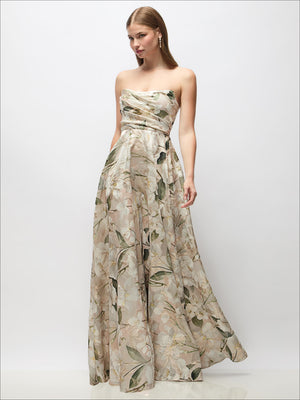 Strapless floral organza maxi dress with draped bodice and full gathered skirt