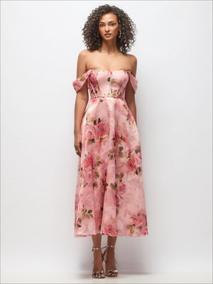 Floral organza midi bustier dress, strapless with off-shoulder swags