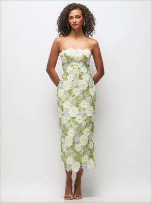 Strapless lace column midi dress with daisy print, light green and white floral